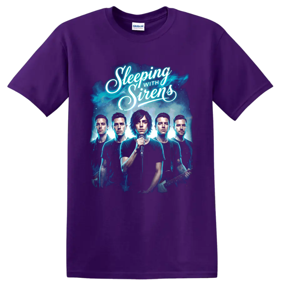 Sleeping With Sirens post-hardcore band portrait graphic with script lettering on a Purple T Shirt