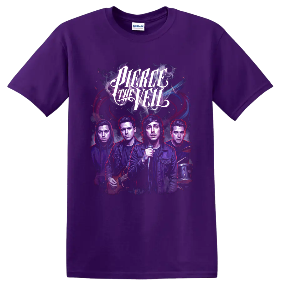 Pierce the Veil post-hardcore band concert poster graphic with vocalist on a Purple T Shirt