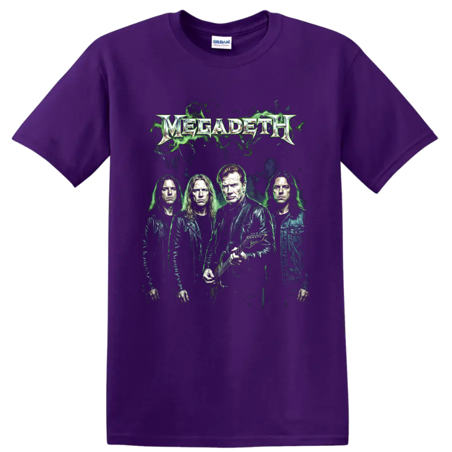 Megadeth Dave Mustaine band portrait with guitar and green smoke graphic on a Purple T Shirt