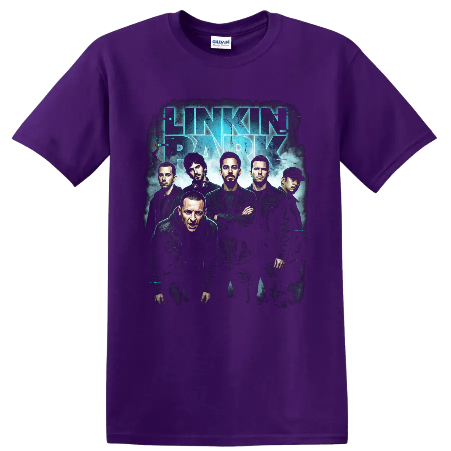 Linkin Park band poster with blue lettering and glitch effects on a Purple T Shirt