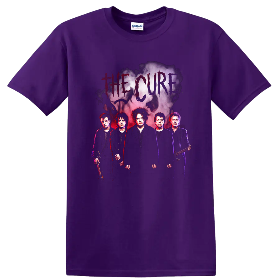 The Cure gothic rock band portrait with smoky cloud graphic on a Purple T Shirt