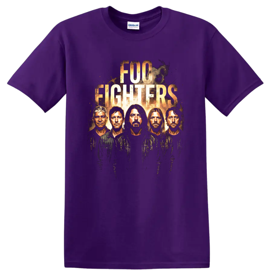 Foo Fighters distressed rock poster graphic with five musician portraits on a Purple T Shirt