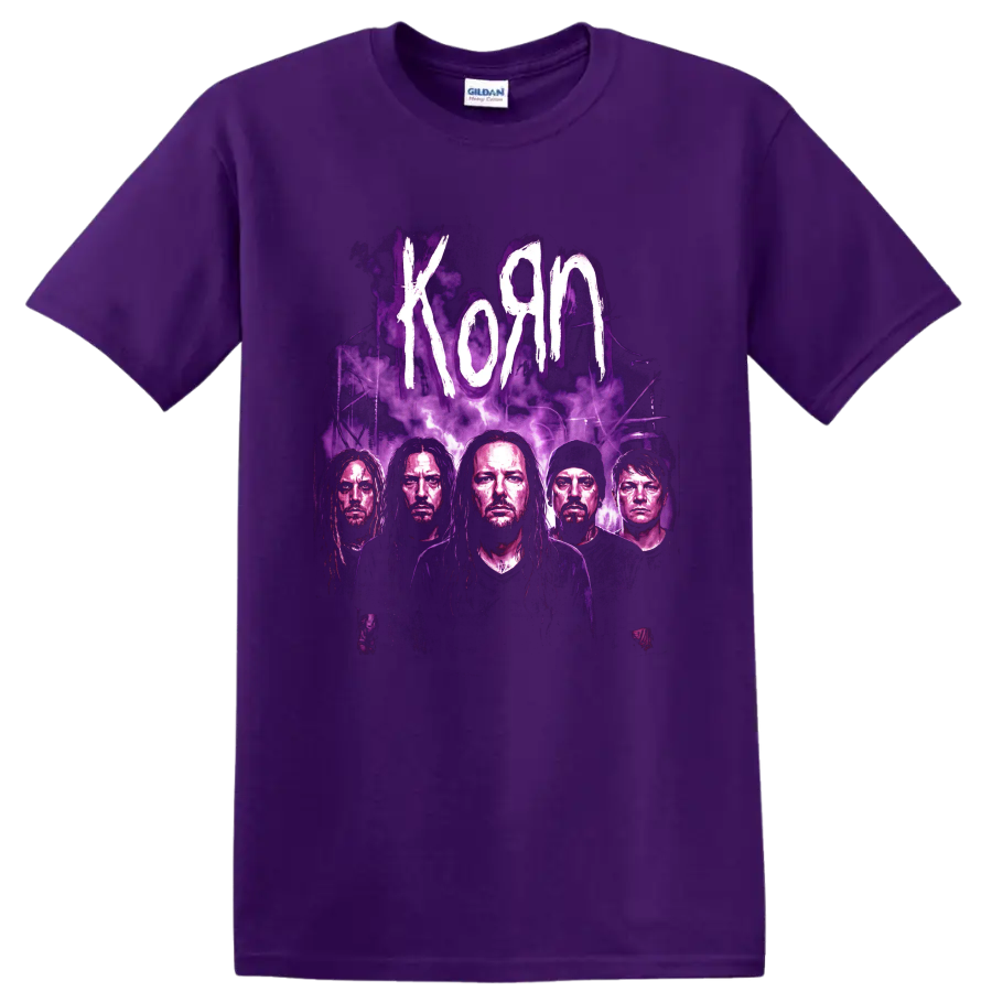 Korn band portrait graphic with purple smoke and distressed white lettering on a Purple T Shirt