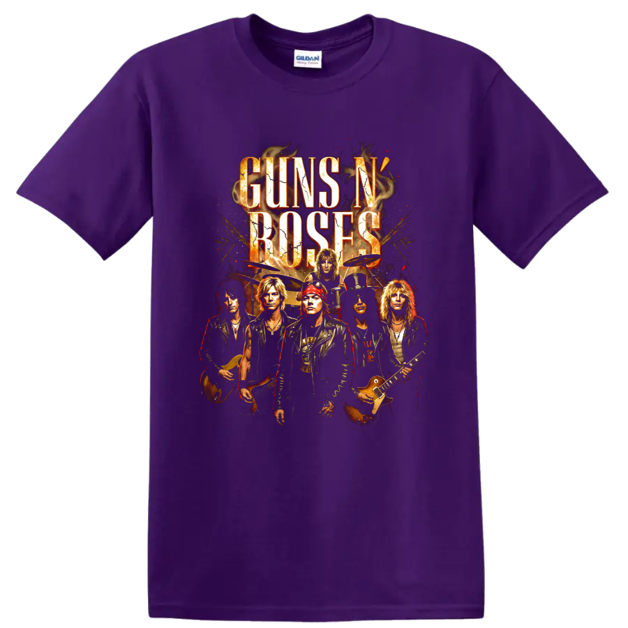 Guns N' Roses classic hard rock band graphic print with musicians and instruments on a Purple T Shirt