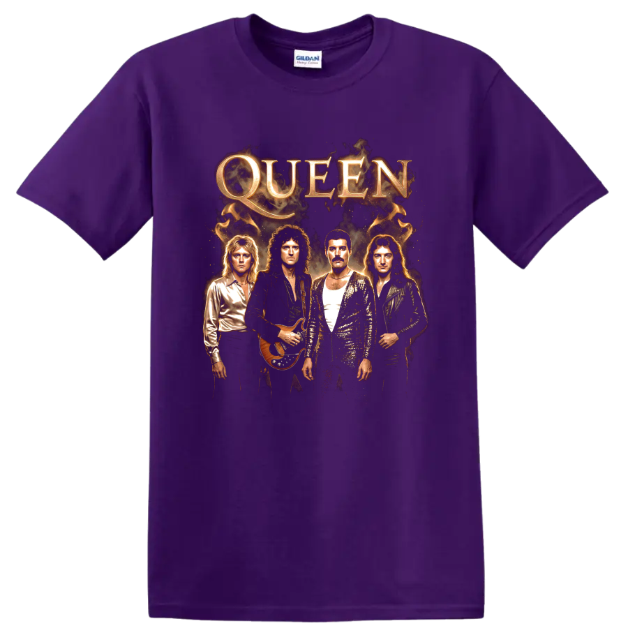 Freddie Mercury and Queen band portrait with gold QUEEN lettering on a Purple T Shirt
