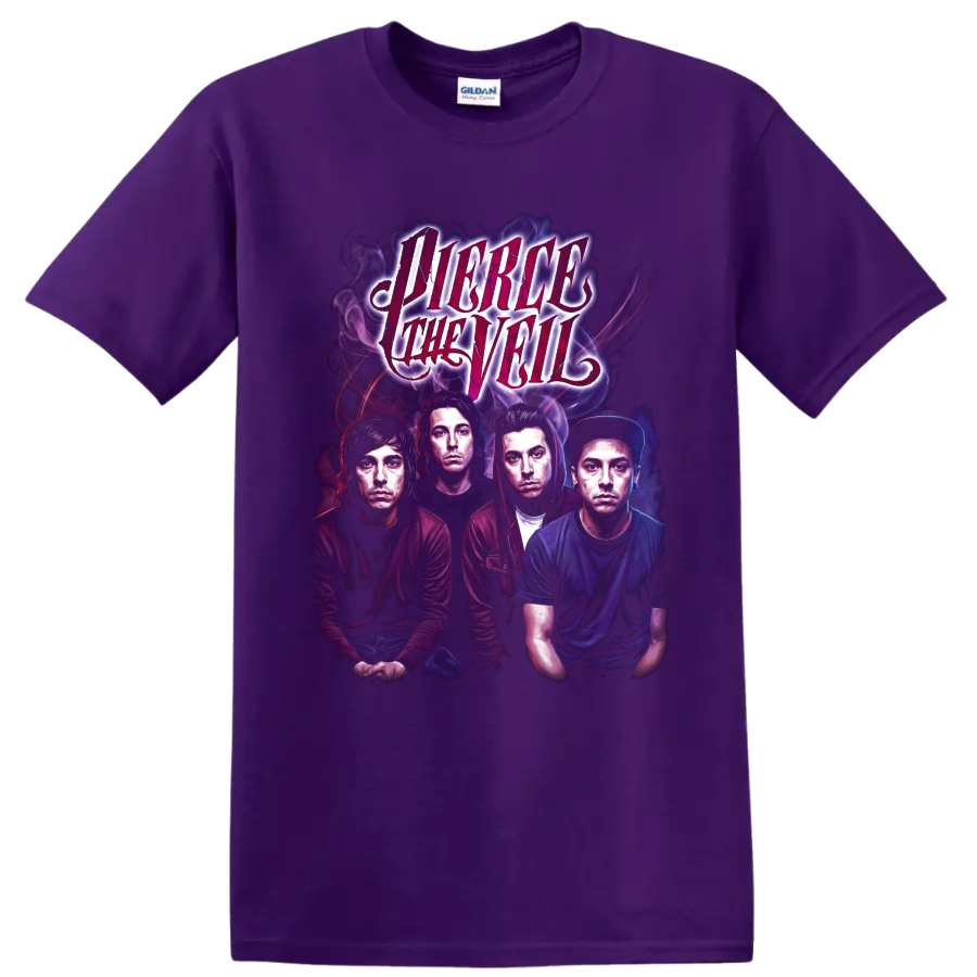 Pierce the Veil post-hardcore band portrait graphic with distressed lettering on a Purple T Shirt