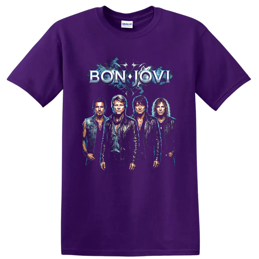 Bon Jovi band portrait graphic with blue smoke and bold logo on a Purple T Shirt