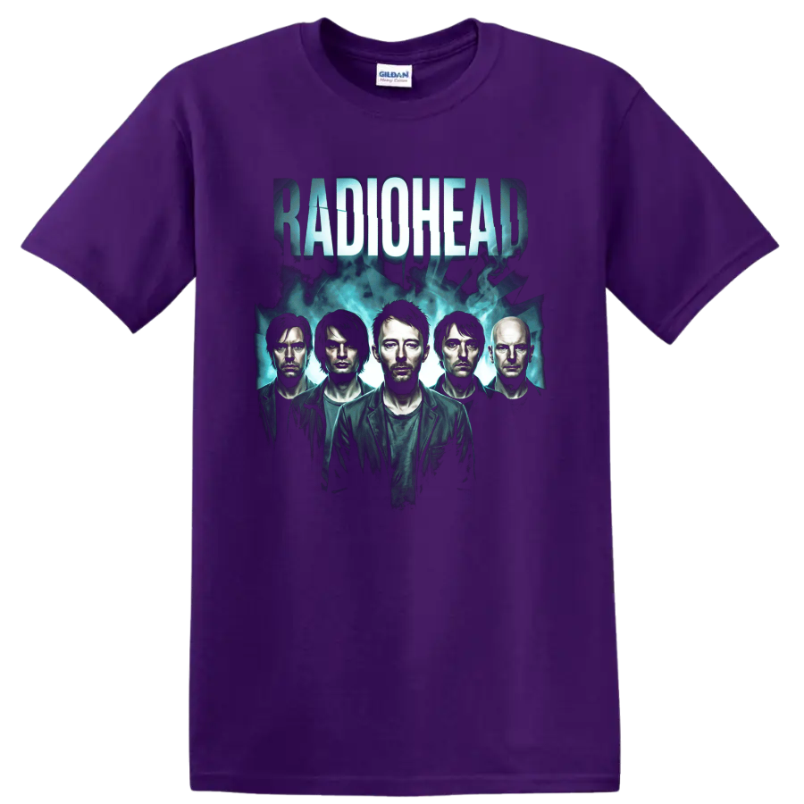 Radiohead alternative rock band portrait with distressed lettering on a Purple T Shirt