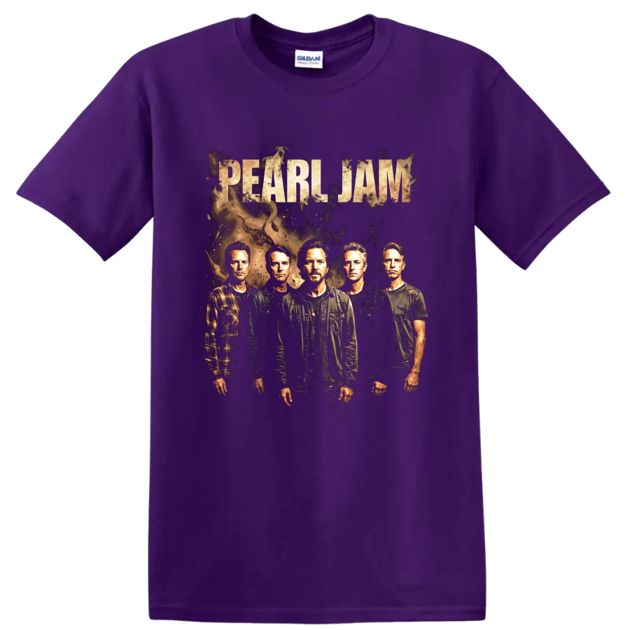 Pearl Jam band portrait with distressed lettering and grunge textures on a Purple T Shirt
