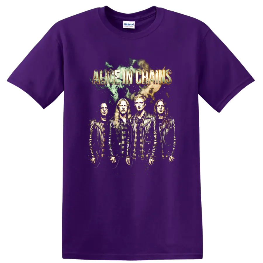 Alice in Chains grunge band poster graphic with four portraits on a Purple T Shirt