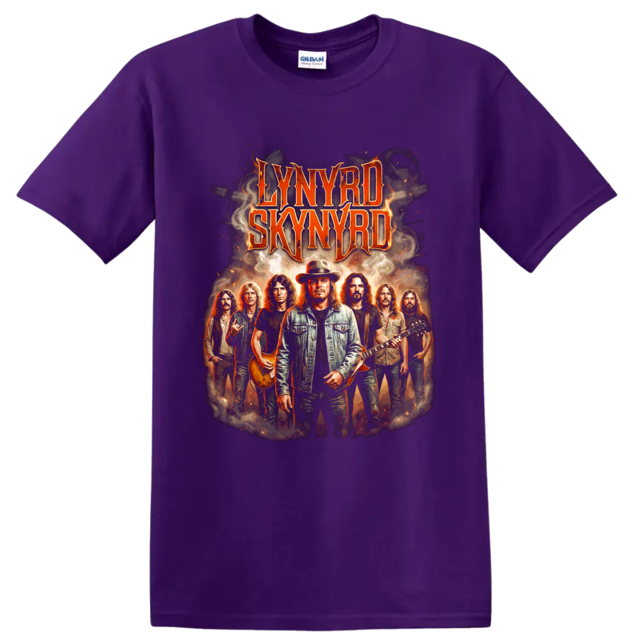Lynyrd Skynyrd band lineup vintage rock poster graphic with guitars on a Purple T Shirt