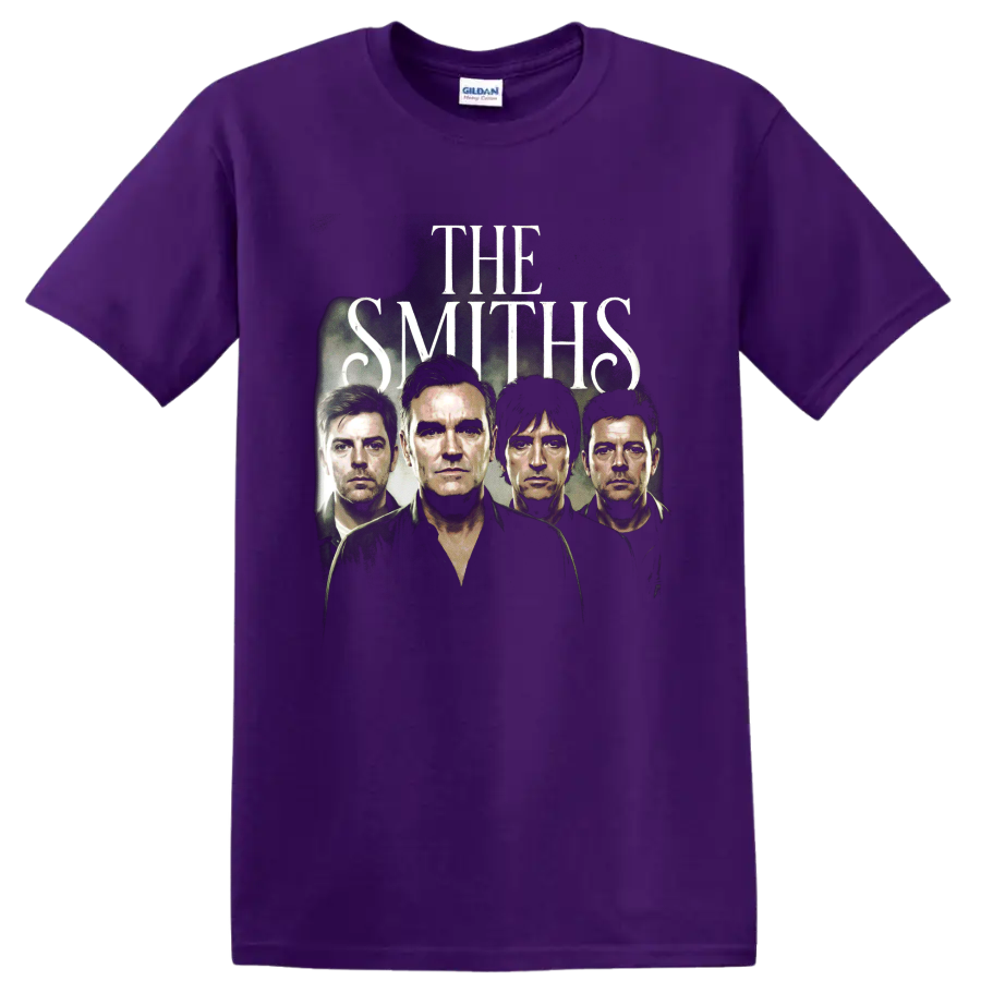 The Smiths brutalist alternative rock poster with four band portraits on a Purple T Shirt