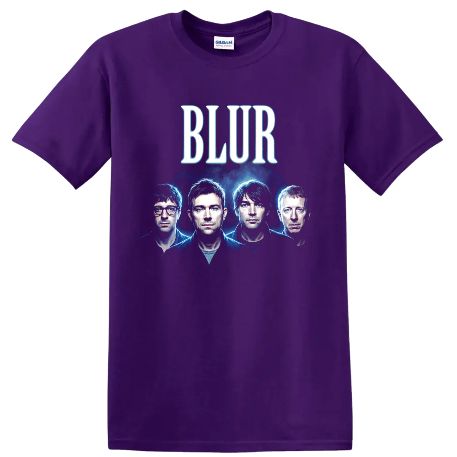 Blur Britpop band four-member blue portrait with bold BLUR lettering on a Purple T Shirt