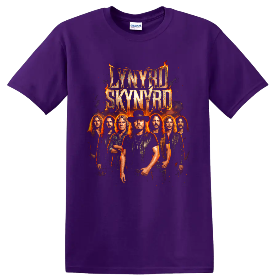 Lynyrd Skynyrd fiery Southern rock band poster graphic on a Purple T Shirt