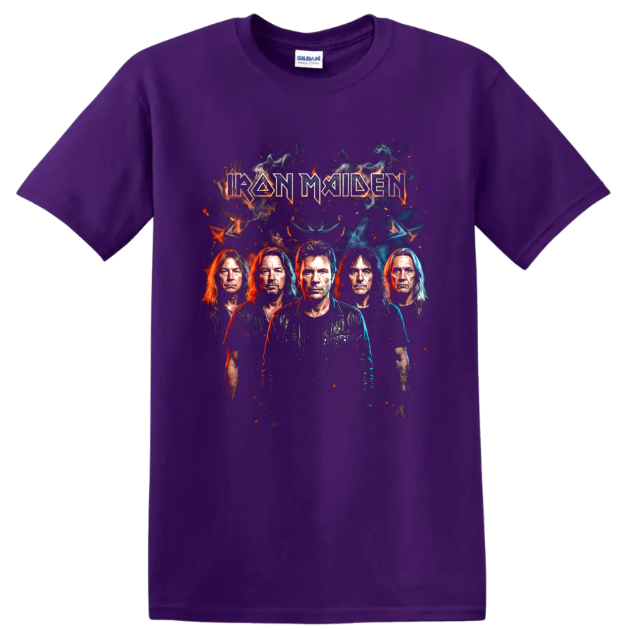 Iron Maiden band portrait with smoky fire effects and angular lettering on a Purple T Shirt