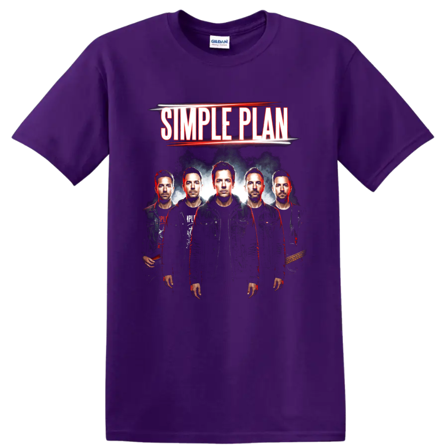 Simple Plan band members pop punk portrait with bold lettering on a Purple T Shirt