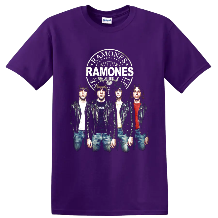 Ramones punk rock band portrait with distressed vintage crest on a Purple T Shirt