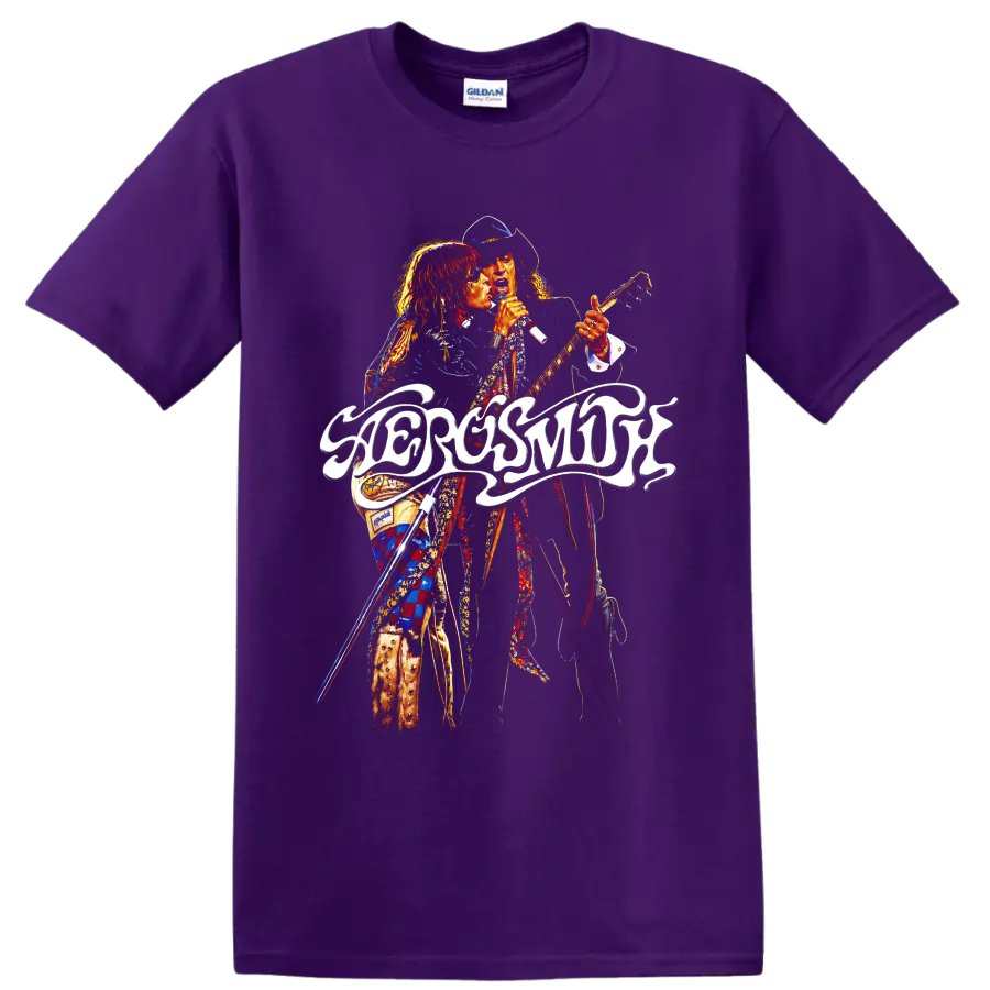 Aerosmith rock concert graphic with singer, guitarist, and flowing logo on a Purple T Shirt