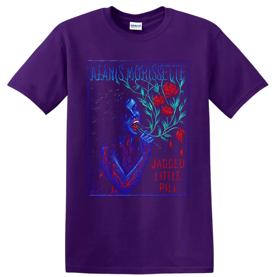 Alanis Morissette Jagged Little Pill distressed floral rock graphic on a Purple T Shirt