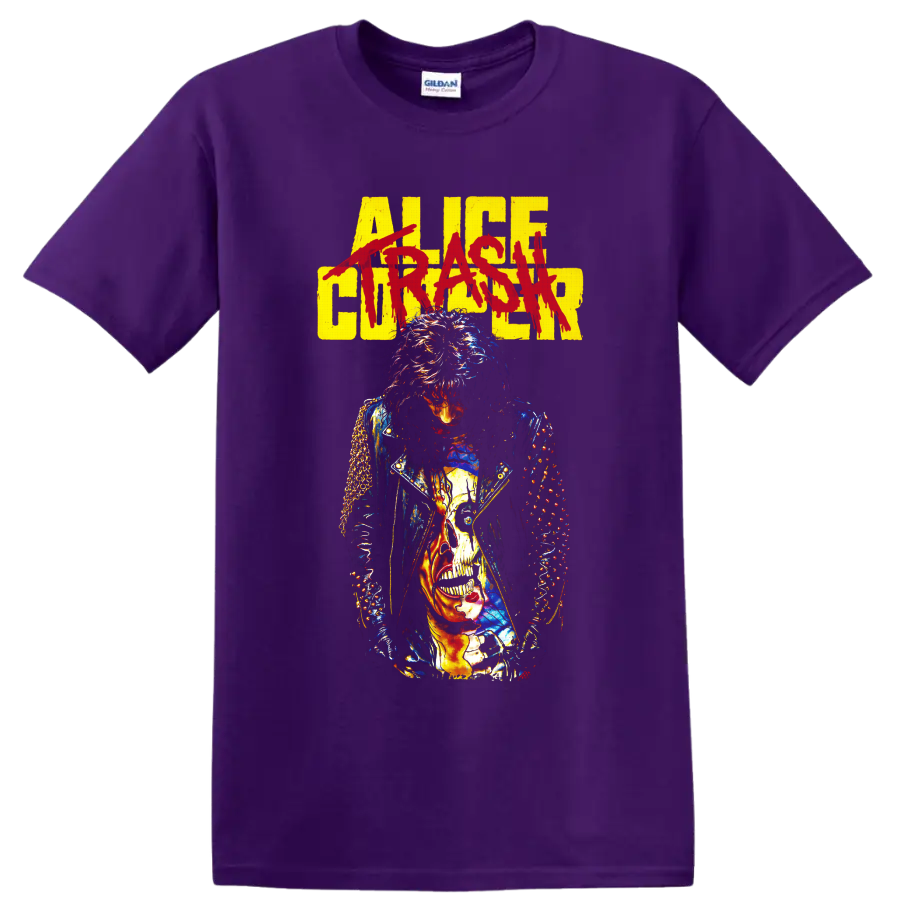 Alice Cooper gothic rock portrait with distressed lettering and skull graphic on a Purple T Shirt