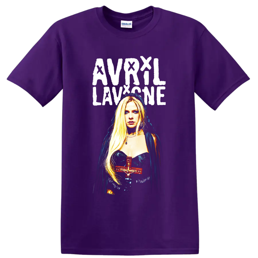 Avril Lavigne gothic portrait graphic with red cross and distressed lettering on a Purple T Shirt