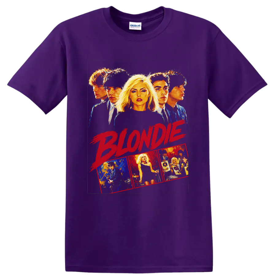 Blondie retro rock band portrait collage with bold red lettering on a Purple T Shirt