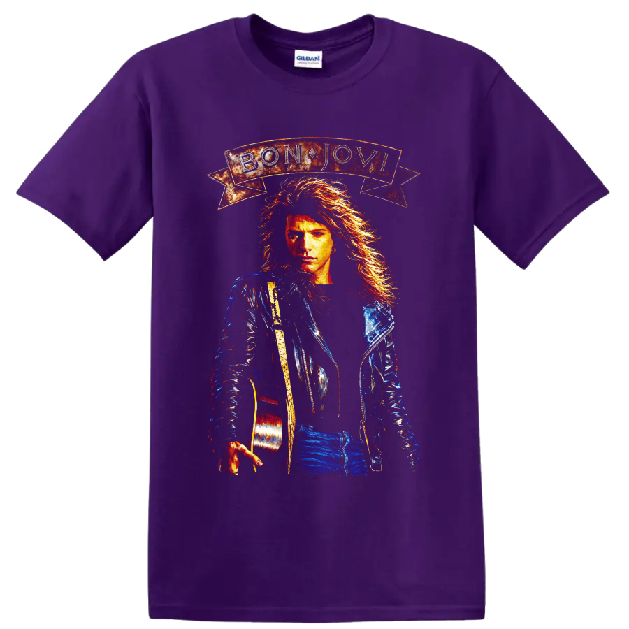 Bon Jovi guitarist portrait with banner and vintage rock artwork on a Purple T Shirt