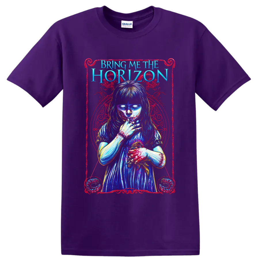 Bring Me the Horizon gothic horror girl graphic with blue and red artwork on a Purple T Shirt
