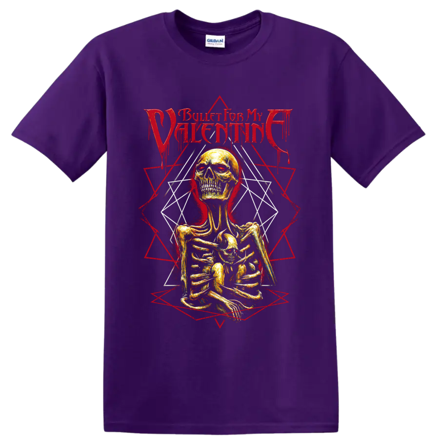 Bullet for My Valentine gothic skeleton graphic with red geometric linework on a Purple T Shirt