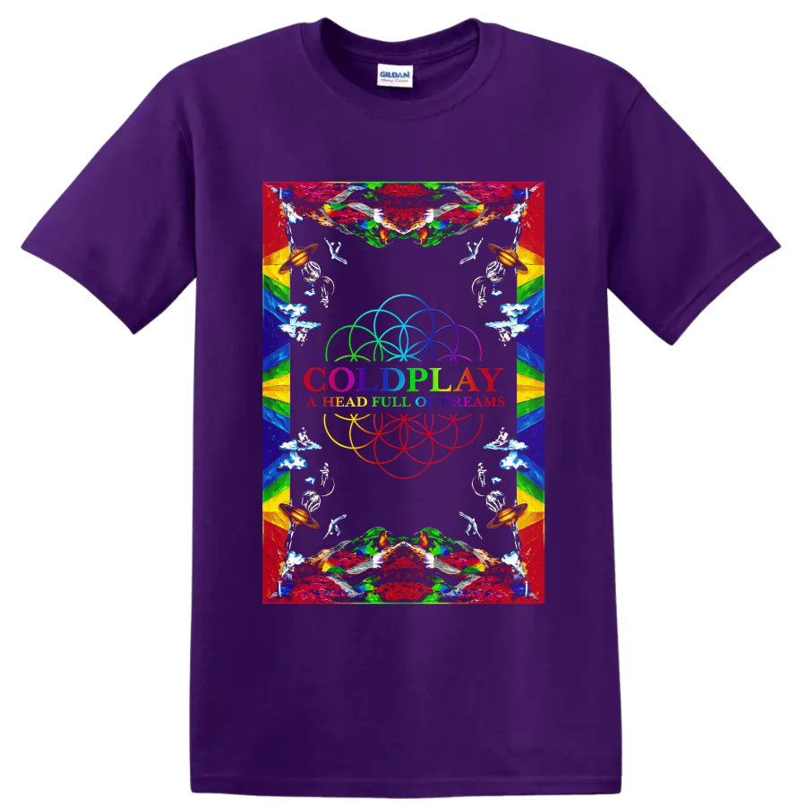 Coldplay psychedelic rainbow dream symbols graphic with band text on a Purple T Shirt
