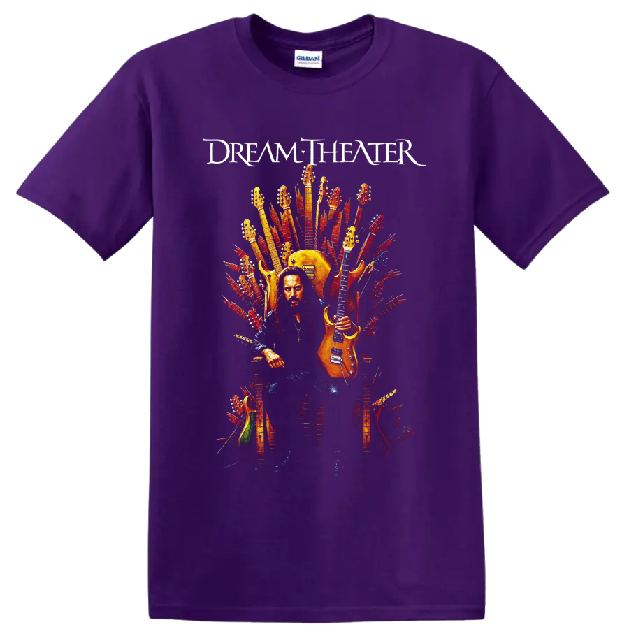 Dream Theater guitarist seated on an electric guitar throne graphic print on a Purple T Shirt