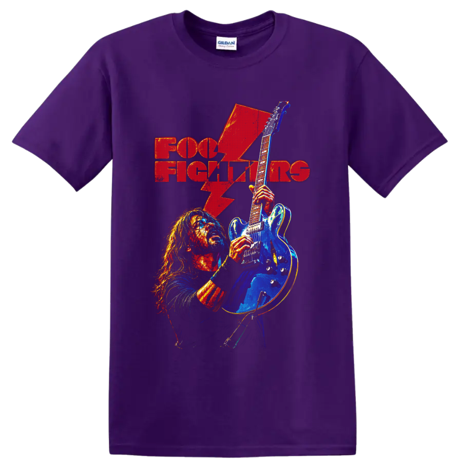 Foo Fighters guitarist with blue electric guitar, red lightning bolt, and band text on a Purple T Shirt