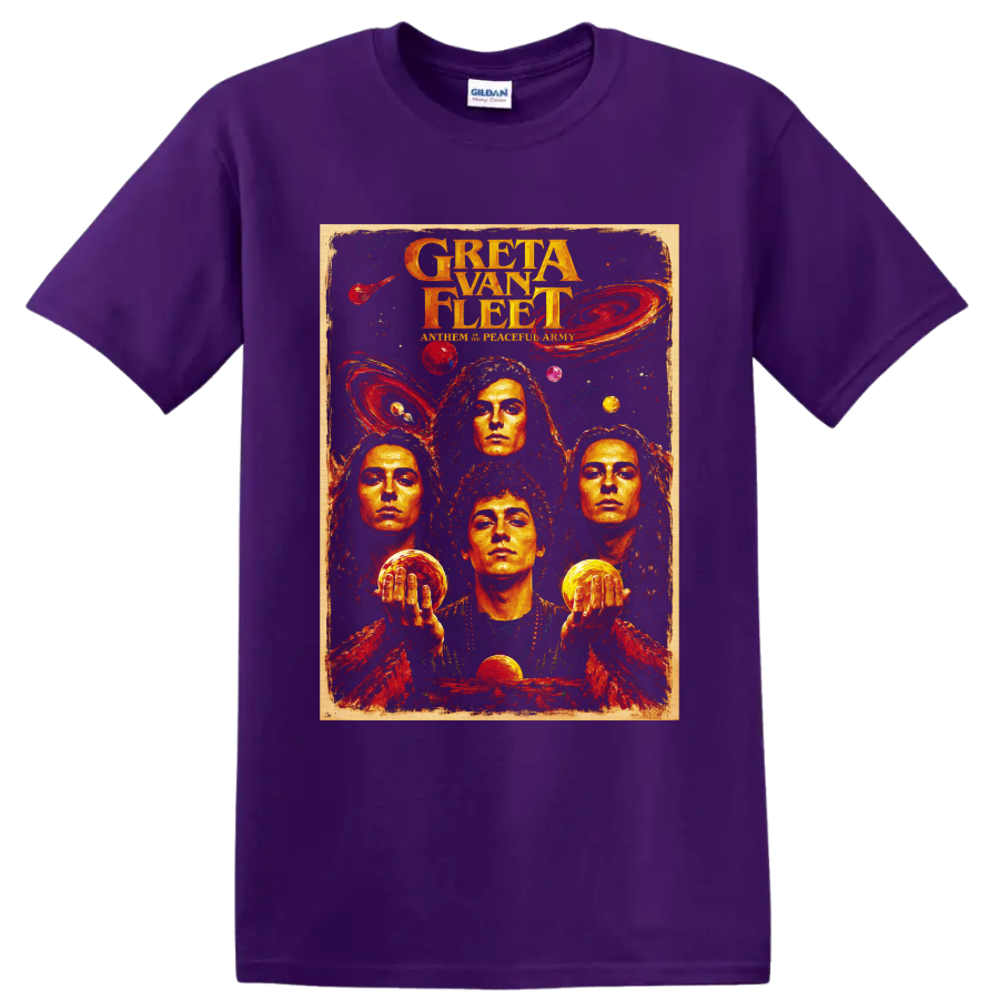 Greta Van Fleet psychedelic cosmic rock poster with four portraits on a Purple T Shirt