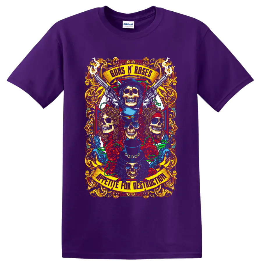 Guns N' Roses skull, revolvers, roses, and ornate gothic rock graphic on a Purple T Shirt