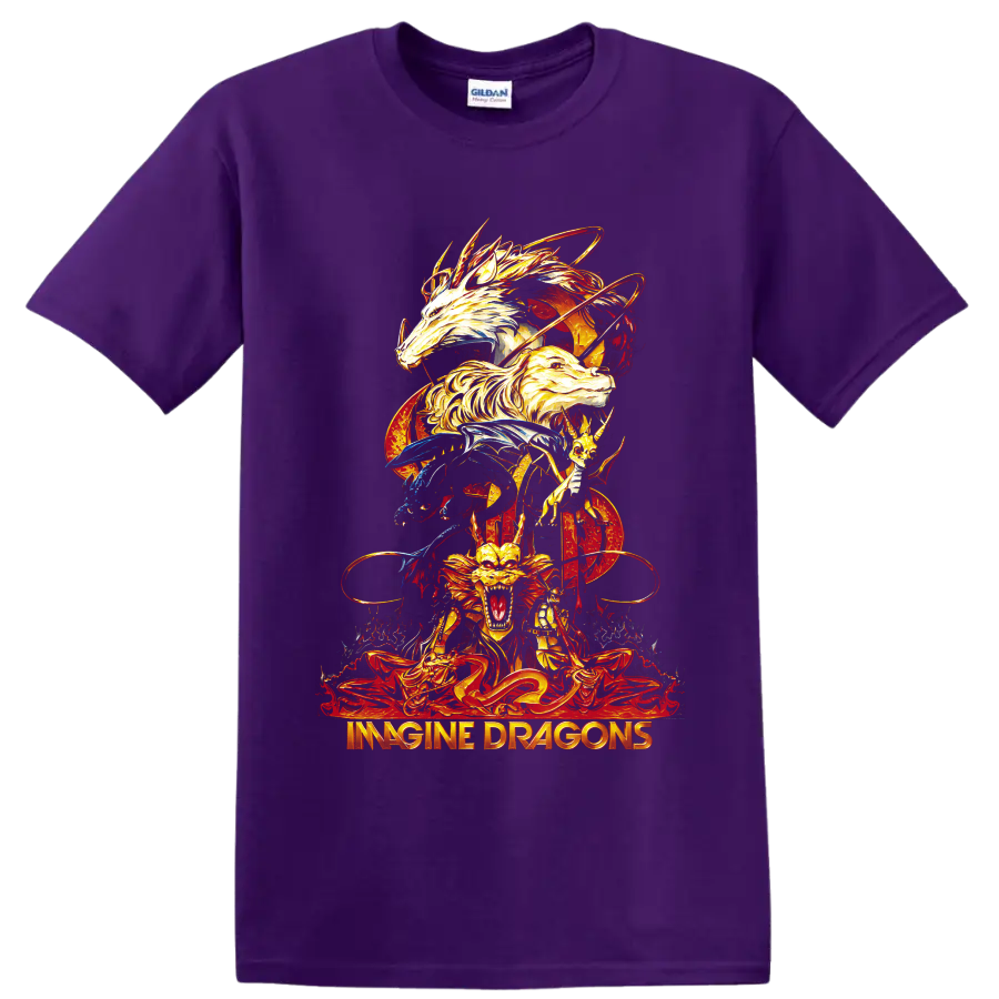 Imagine Dragons fantasy dragon artwork with fiery stacked dragons on a Purple T Shirt