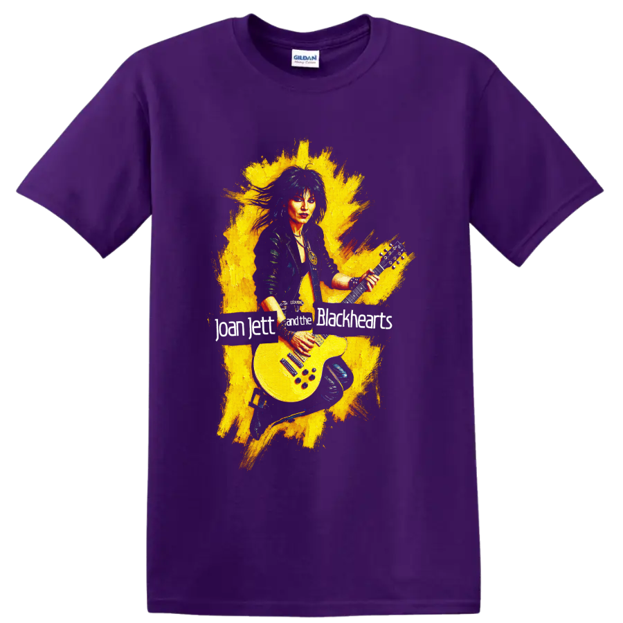 Joan Jett rock guitarist with yellow electric guitar graphic on a Purple T Shirt