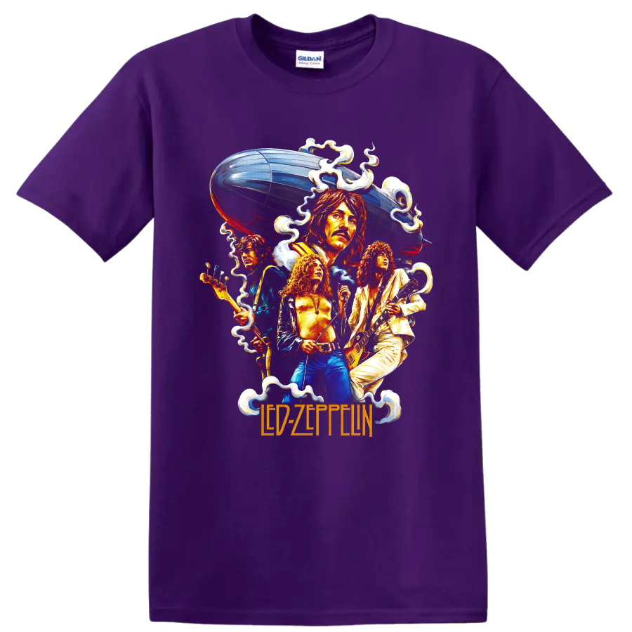 Led Zeppelin musicians with guitars, airship, and vintage rock graphic on a Purple T Shirt