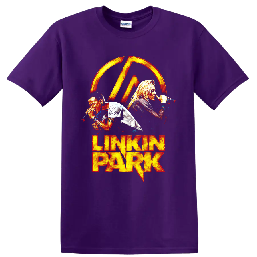 Linkin Park vocalist graphic print with fiery logo and lettering on a Purple T Shirt