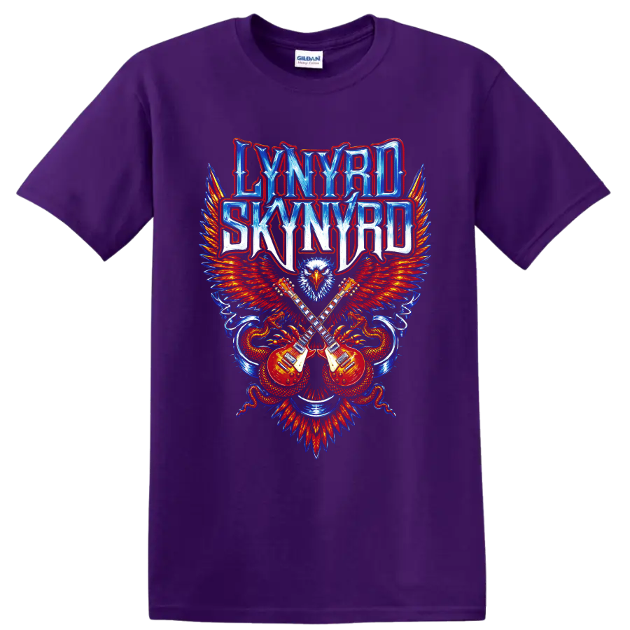 Lynyrd Skynyrd eagle and crossed guitars rock graphic on a Purple T Shirt