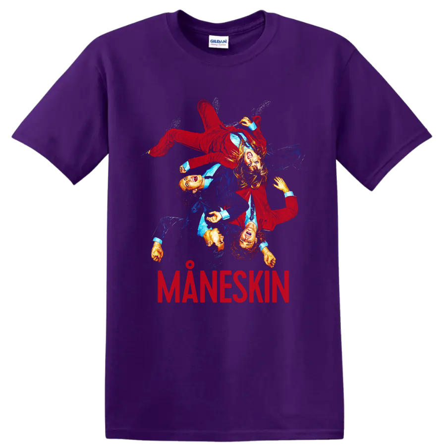 Måneskin rock band graphic with four performers and MANESKIN text on a Purple T Shirt