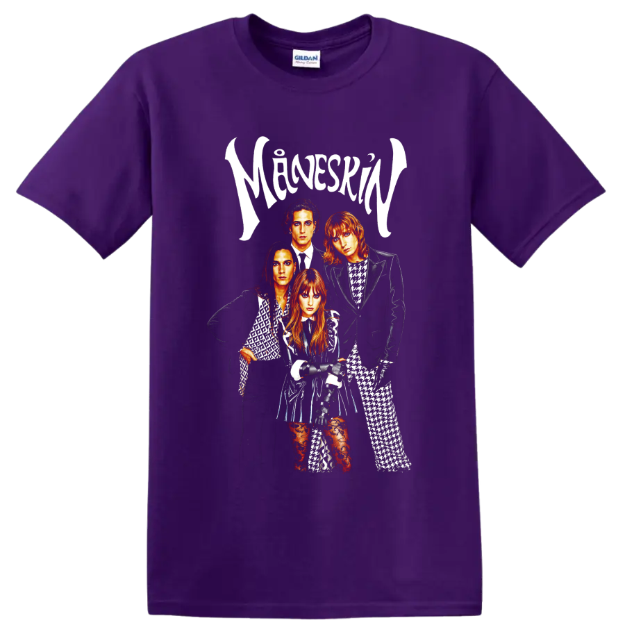 Måneskin glam rock band portrait with white logo lettering on a Purple T Shirt