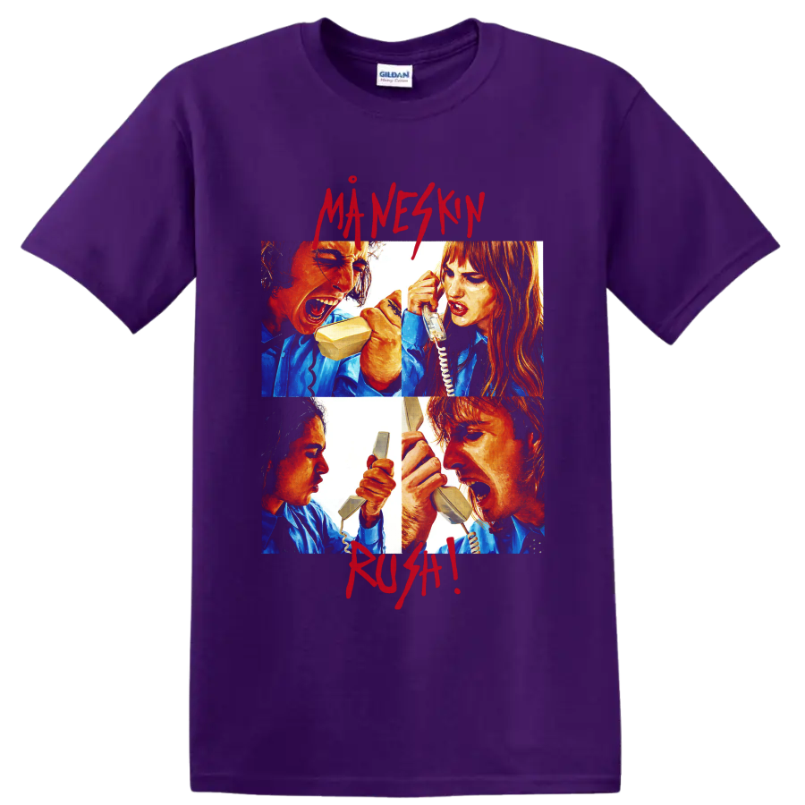 Måneskin telephone fight graphic with bold red lettering on a Purple T Shirt