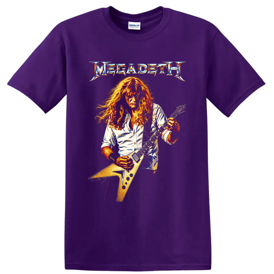 Megadeth guitarist playing an angular electric guitar with metallic logo on a Purple T Shirt