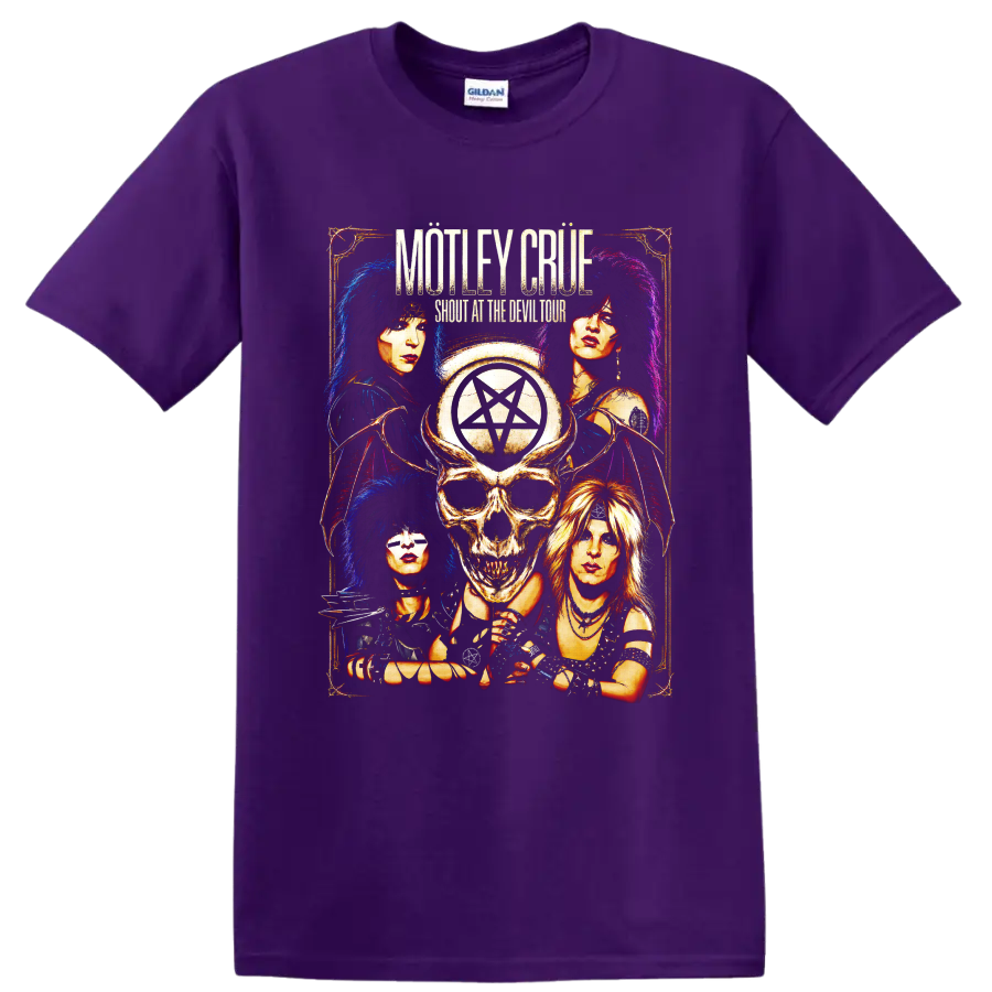 Mötley Crüe skull pentagram glam metal poster graphic on a Purple T Shirt