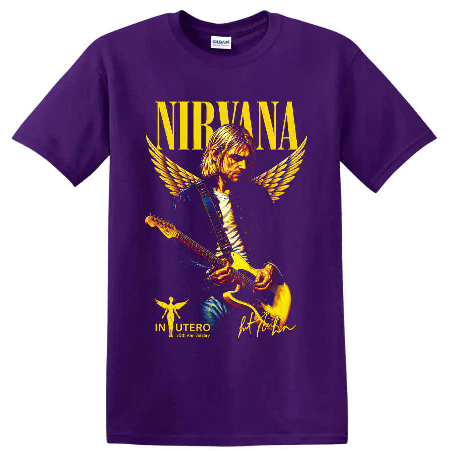 Nirvana Kurt Cobain angel-winged guitarist graphic with NIRVANA text on a Purple T Shirt