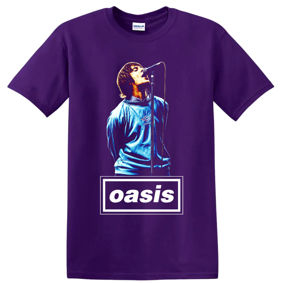 Oasis rock band graphic with singer at microphone and bold wordmark on a Purple T Shirt