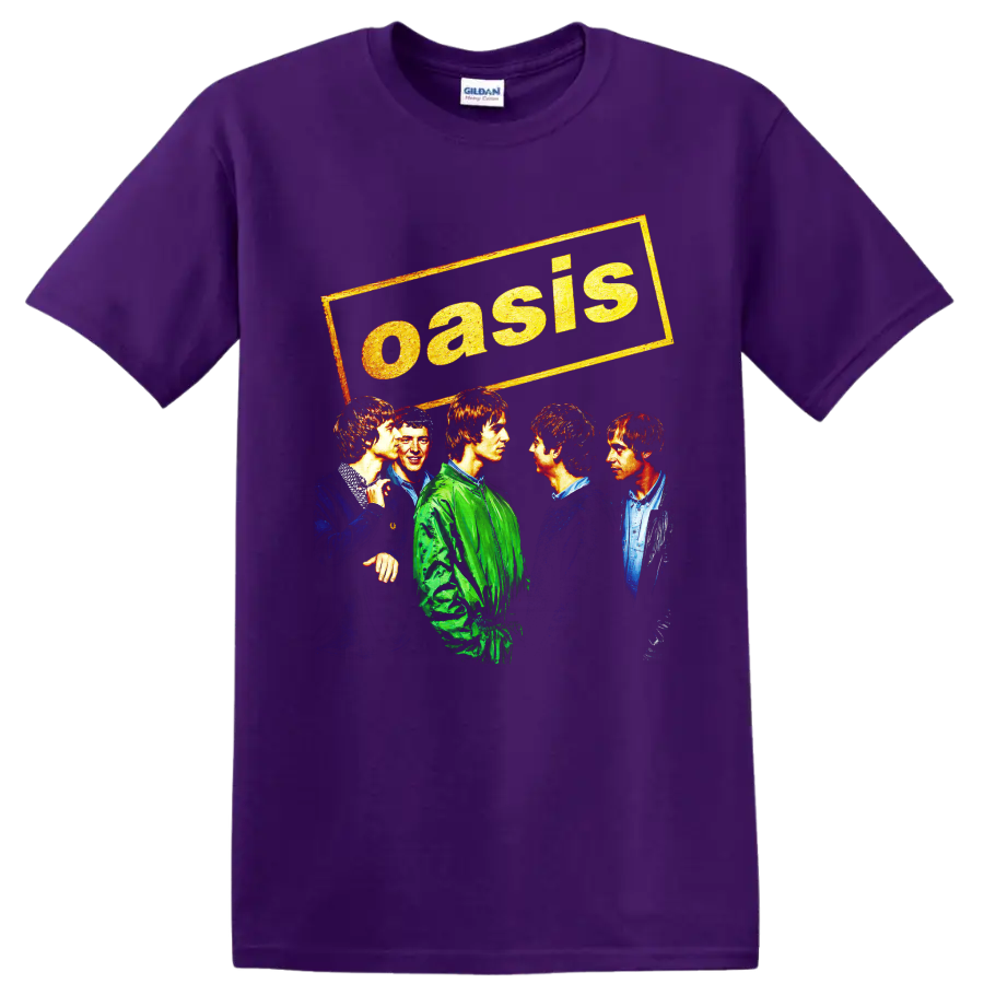 Oasis rock band vintage five-member portrait graphic with distressed lettering on a Purple T Shirt
