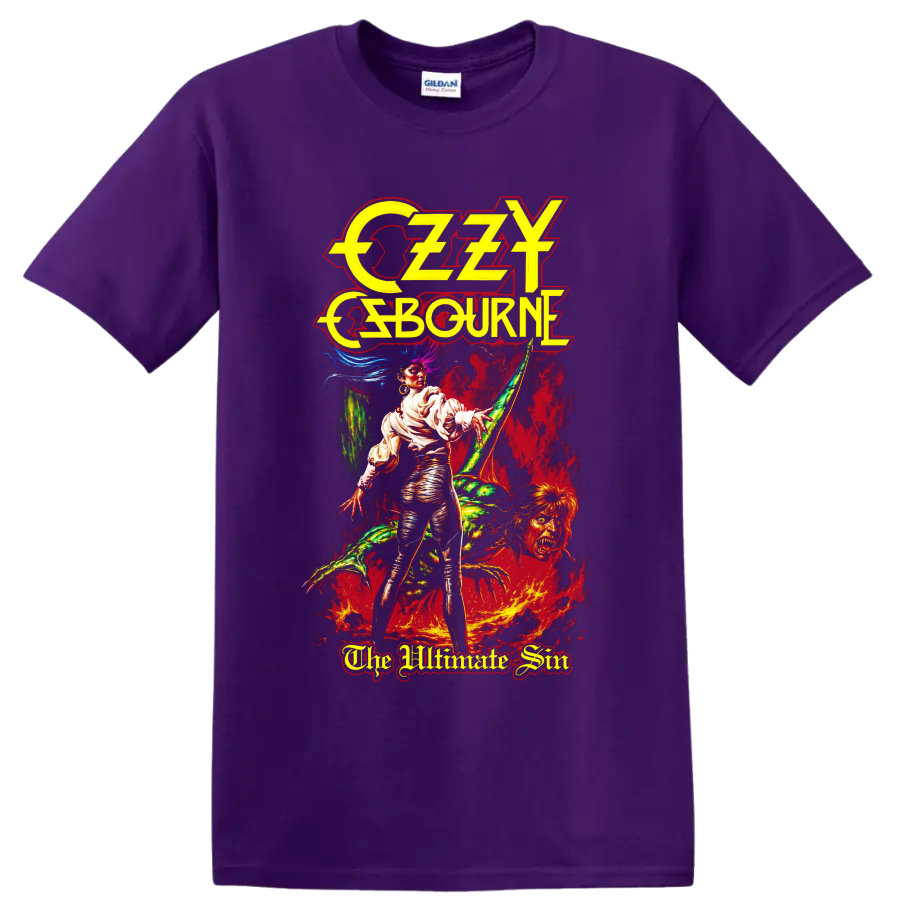Ozzy Osbourne The Ultimate Sin fantasy horror rock graphic on a Purple T Shirt