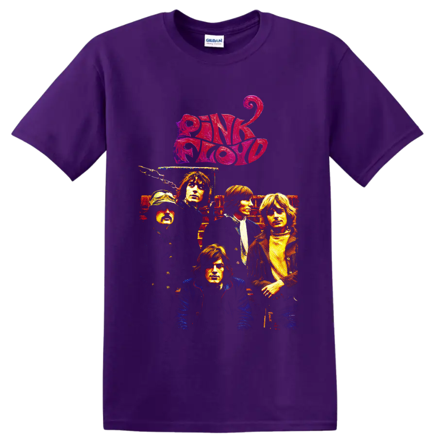 Pink Floyd portrait collage with bold retro logo and rock-poster styling on a Purple T Shirt