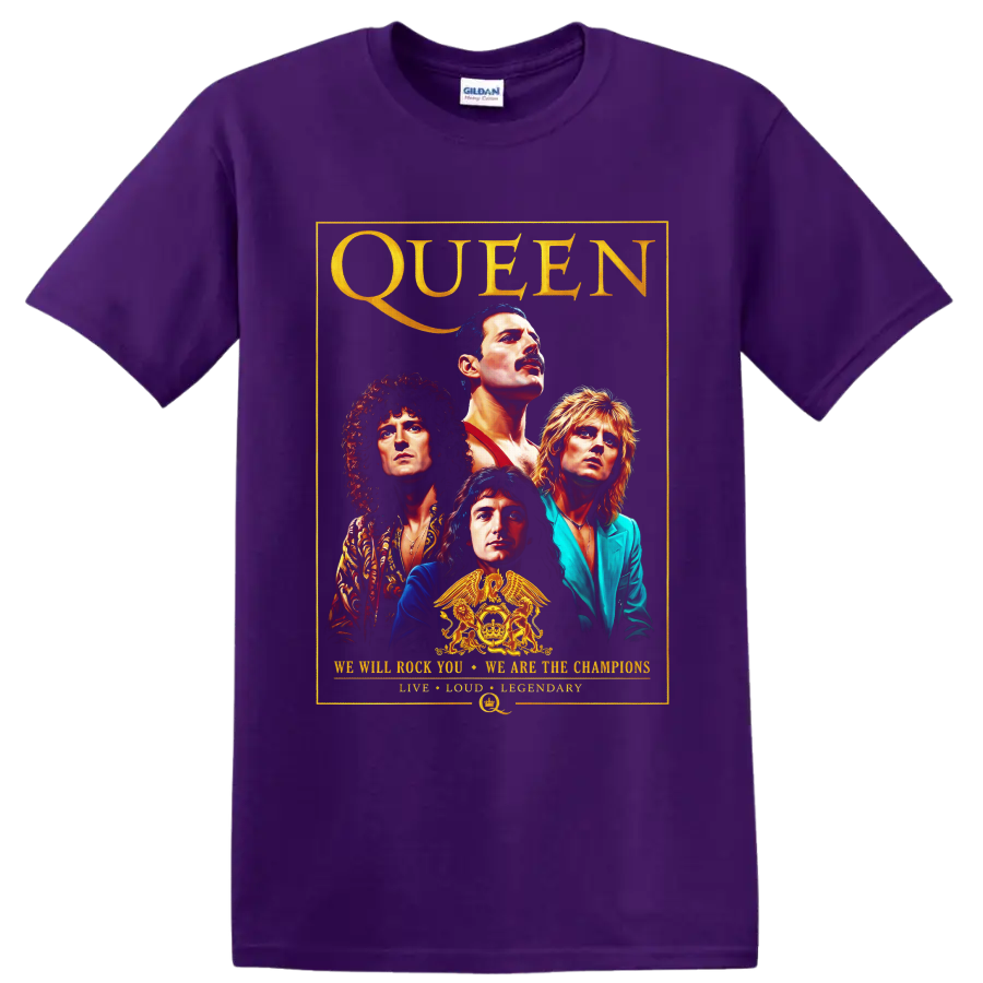 Queen rock band portrait graphic with gold crest and vintage poster border on a Purple T Shirt